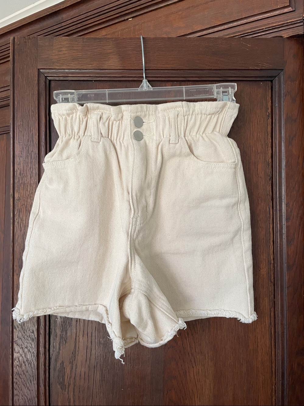 Princess Polly Cotton Ivory Beige High Rise Shorts Elastic Waist Raw Hem